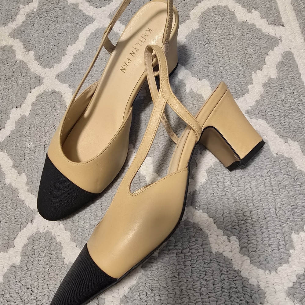Kaitlyn Pan Women's Beige and Black Lambskin Leather Slingback Mid Heel - Picture 5 of 7